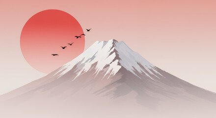 Snowy Mountain Peak with Red Sun and Flying Birds in Soft Pink Sky