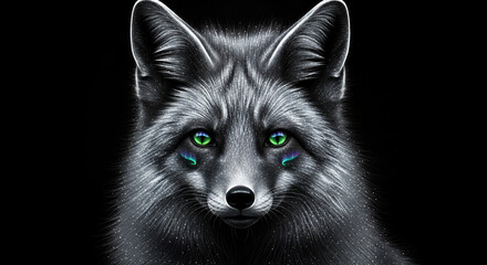 Obraz premium Close up portrait of a striking silver fox with piercing green eyes against a dark black background