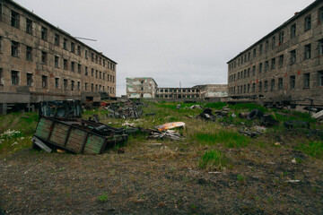 Chukotka ghost town, Ugolnye Kopi, with abandoned buildings in the Russian Far East, a former industrial town felt into decay.
