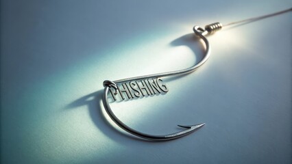 Silver fishing hook with Phishing etched along its curve