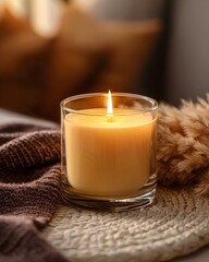 Illuminated scented wax rests in clear glass container surrounded by cozy textiles and dried foliage