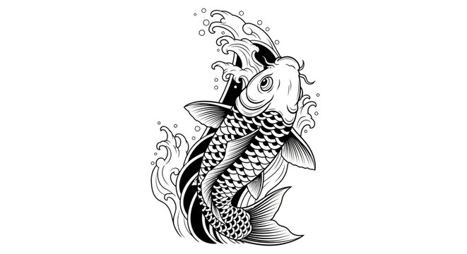 Elegant koi fish artwork with splashing waves in monochrome illustration style