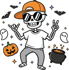 Cool skeleton character celebrating halloween with pumpkin and cauldron