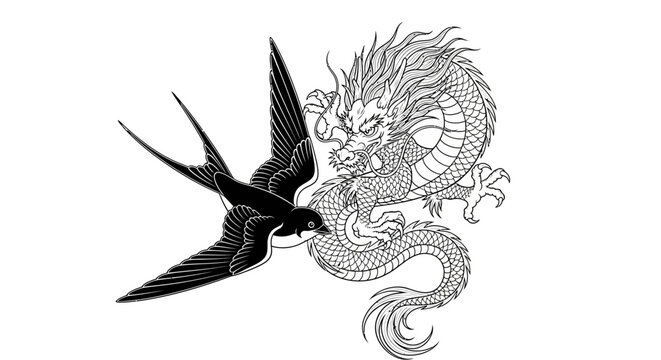 Contrasting symbols a detailed depiction of swallow and dragon in linework showcases Eastern