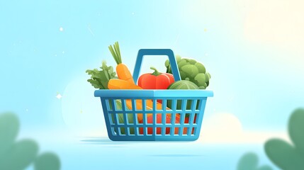 Brightly illustrated plastic basket overflowing with various fresh vegetables set against a soft blue background