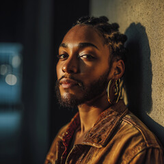 Urban Street Fashion Portrait of Male Model with Unique Features and Braids in Modern Style and Vintage Clothing