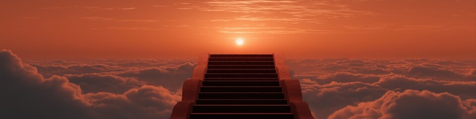Fototapeta premium Stairway above clouds leading to breathtaking orange sunset horizon