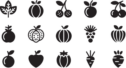 Black and White Graphics Depicting Variety of Fruits and Vegetables Silhouette Designs
