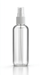 Transparent cylindrical container with a white pump dispenser stands against a bright background