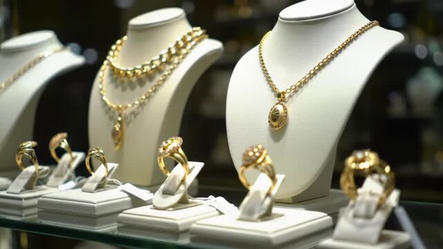Luxury Gold Jewelry Shop Window Display with Elegant Necklaces, Bracelets, and Rings on White Stands, Retail Store Collection