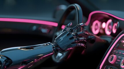 Metallic robotic arm interfaces with the steering wheel inside a futuristic vehicle cabin