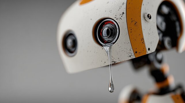 Robot blanc et orange avec une larme m&eacute;tallique qui coule de son &Aring;&ldquo;il