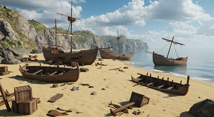 Rustic Wooden Ships Resting on Sandy Beach Surrounded by Cliffs under Bright Blue Sky