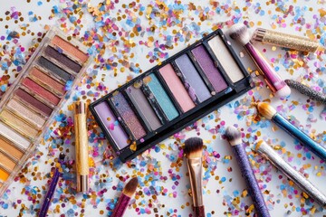 Assortment of colorful makeup palettes and sparkling brushes scattered over festive confetti