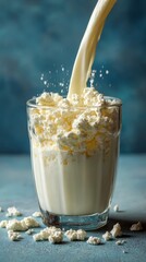 Macro shot of whey protein dissolving in milk, soft natural lighting, nutrition and digestion support imagery