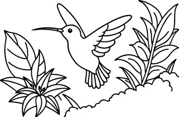 Simple outline drawing of a hummingbird hovering near lush green leaves and plants