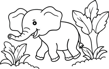 Cute cartoon baby elephant walking through lush green jungle foliage with a happy expression