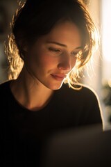 Young woman gazes downward in warm backlighting from a bright source