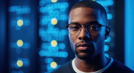 Focused african american man wearing glasses in a server room with glowing blue lights and bokeh effect