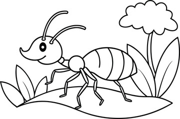 Cute cartoon ant with antennae walking on a leaf with plants and a cloud in the background coloring page