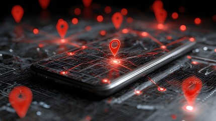 Illumination of location markers and digital pathways overlays a modern mobile device screen