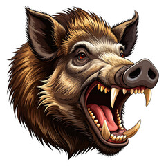 Vector PNG of a fierce wild boar head roaring with open mouth and sharp teeth, capturing raw power and wild nature for wildlife, hunting, or outdoor adventure projects