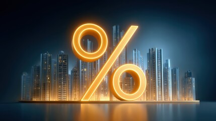 Financial concept of interest rate growth. A glowing percentage symbol stands prominently against a backdrop of modern skyscrapers, symbolizing finance and urban development.