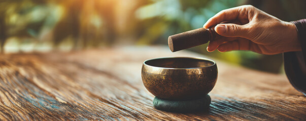 Obraz premium Healer uses singing bowl for relaxation during a tranquil moment in nature