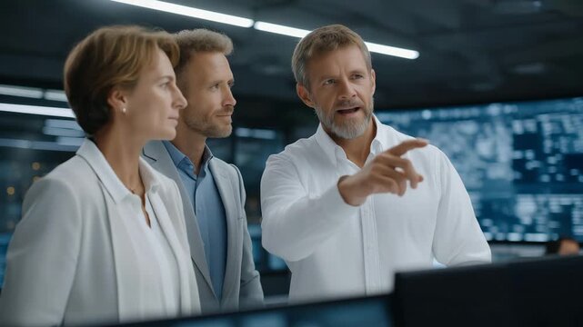 Project managers explaining workflow protocol to diverse team in sleek office, symbolizing corporate clarity, efficient operations, and responsibility within collaborative professional settings.