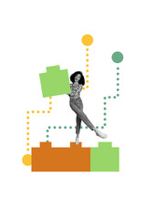 Obraz premium Template sketch trend artwork 3D photo collage of puzzle young woman stand hold block build vacancy worker business hr recruitment