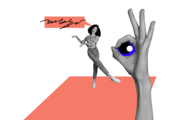 Trend artwork composite 3D photo collage design of earnings income finance budget money young lady dance hand gesture ok eye watch