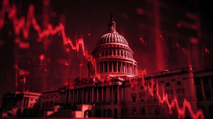 Prominent government building overlaid with sharply declining financial performance indicators in deep red tones.