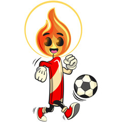 cute candle mascot cartoon vector illustration with light flame character playing football or soccer, isolated for holiday and celebration design, work of hand drawn