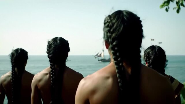 Native American Indigenous Tribe People Standing on Jungle Outcrop Cliff, Watching 16th Century Spanish Conquistador Ships Arriving at Shore