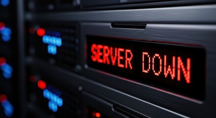 Server rack display shows critical red alert message indicating system failure and downtime for technology infrastructure