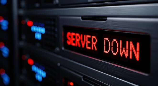 Server rack display shows critical red alert message indicating system failure and downtime for technology infrastructure