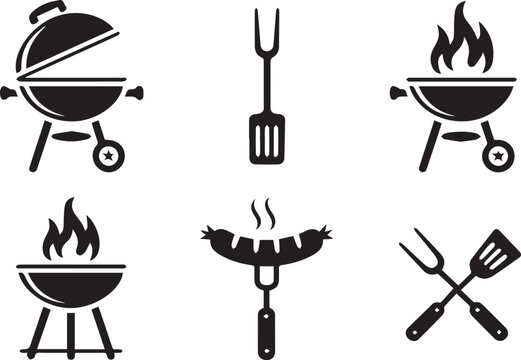 Black Silhouette Graphics Featuring BBQ Grills, Flames, Sausage and Cooking Utensils Icons