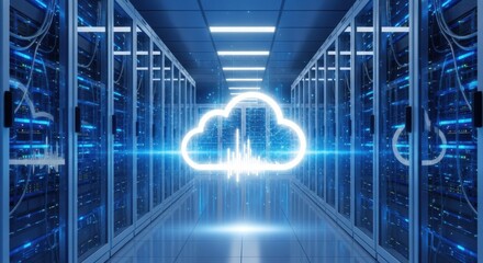 Illuminated cloud symbol ascends through a futuristic data center server room with blue lights