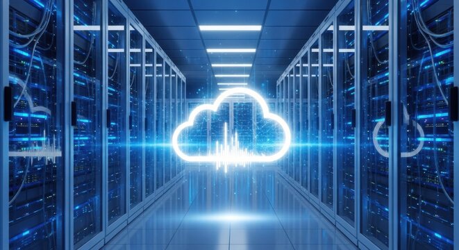 Illuminated cloud symbol ascends through a futuristic data center server room with blue lights