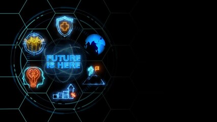 future is here neon text .internet and networking concept, cube glow with and holographic futuristic technology matrix global security with digital spot light and stretch background 4k video. - Powered by Adobe