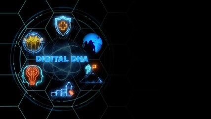 digital DNA neon text .internet and networking concept, cube glow with and holographic futuristic technology matrix global security with digital spot light and stretch background 4k video. - Powered by Adobe