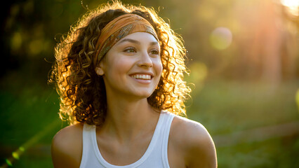 Beautiful young woman with curly hair smiling in golden sunlight outdoors