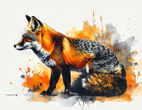Ilustraci&oacute;n de zorro culpeo sobre mancha de acuarela de colores