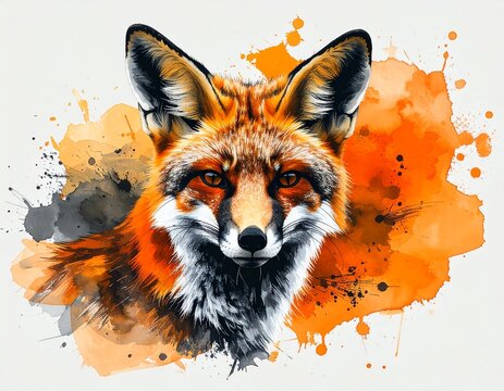 Ilustraci&oacute;n de zorro culpeo sobre mancha de acuarela de colores