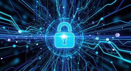 Digital lock symbol illuminates a network of glowing blue circuits representing data protection and cyber security