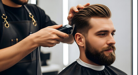 Barber giving a haircut to a man with a beard using an electric trimmer