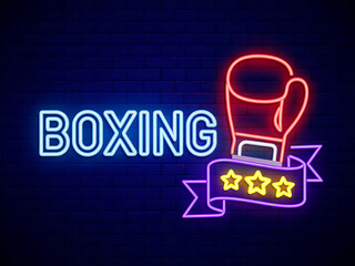 Fototapeta premium Retro neon boxing sign with glove and stars on a dark background