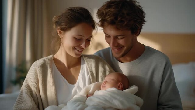 A mother and father holding their newborn together in a cozy bedroom, soft sunlight streaming through the window, warm blankets and plush toys around, emphasizing family bonding, tender moments,