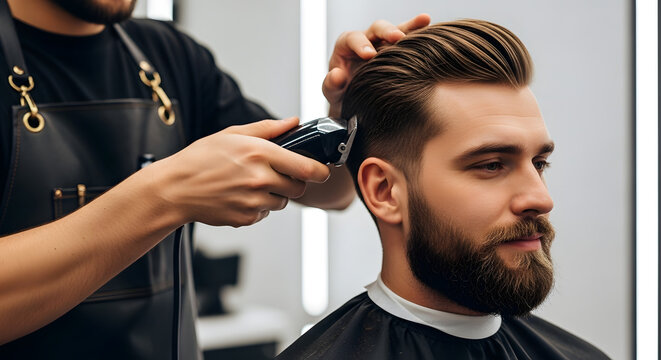 Barber giving a haircut to a man with a beard using an electric trimmer