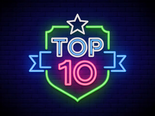 Fototapeta premium Bright neon top 10 emblem with star and ribbon against dark background